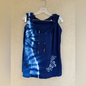 Women’s Navy Tie-Dye Sleeveless Top with Floral Accent